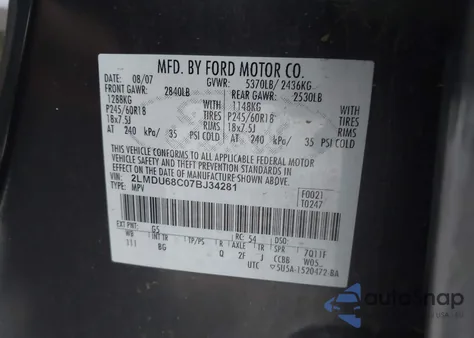 2007 Lincoln Mkx z USA, uszkodzony, nr VIN 2LMDU68C07BJ34281